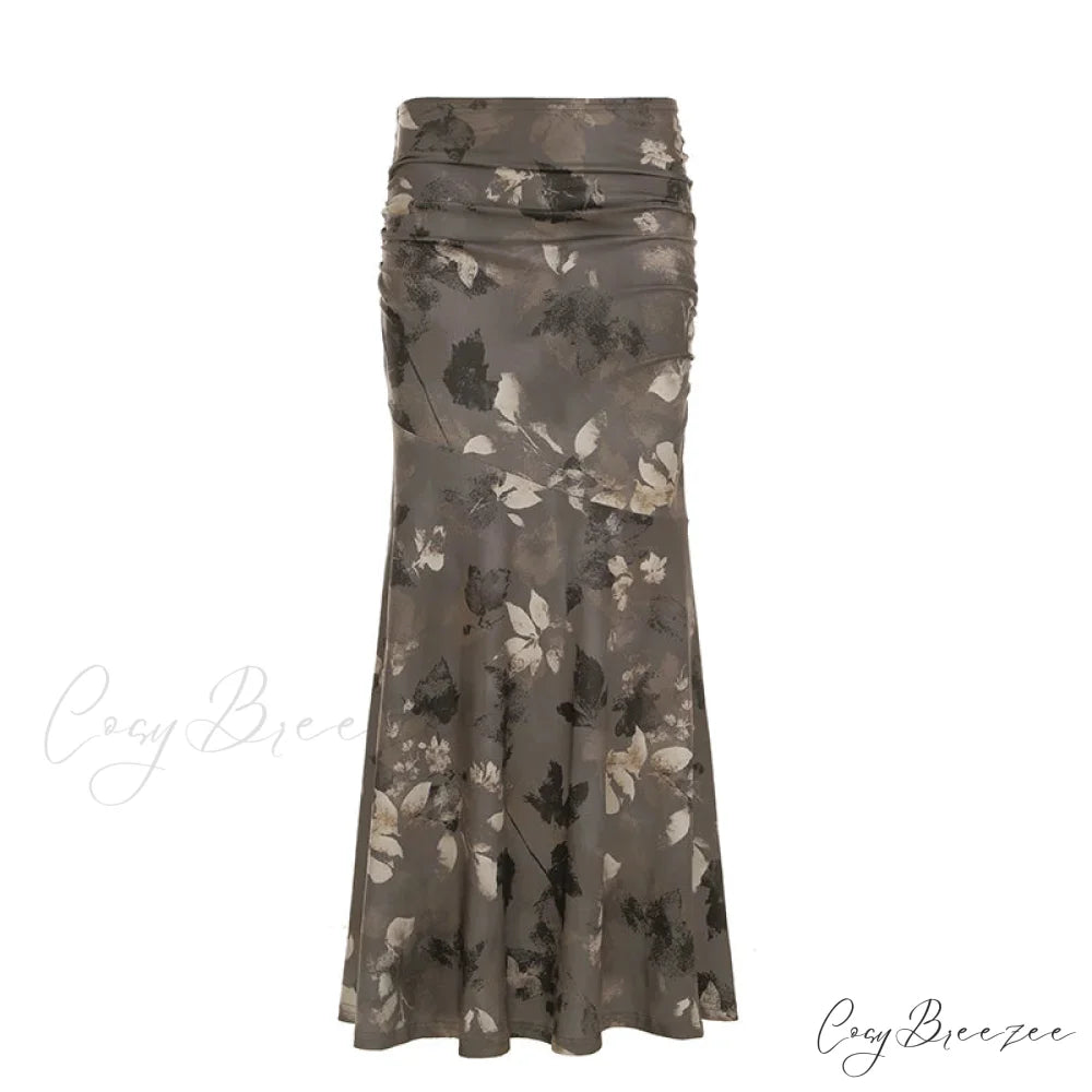 Retro Floral Print Maxi Skirt Grunge Style 2000s skirt-250126