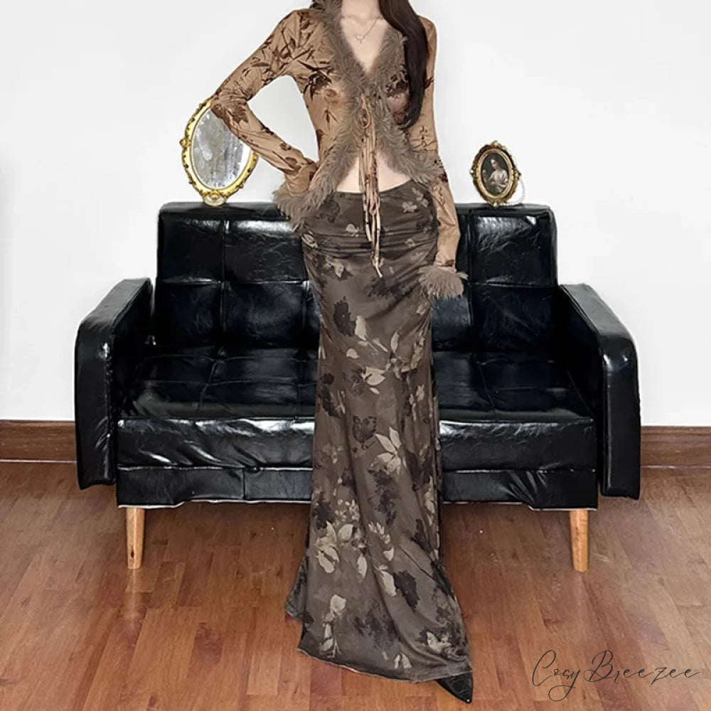 Retro Floral Print Maxi Skirt Grunge Style 2000s skirt-250126
