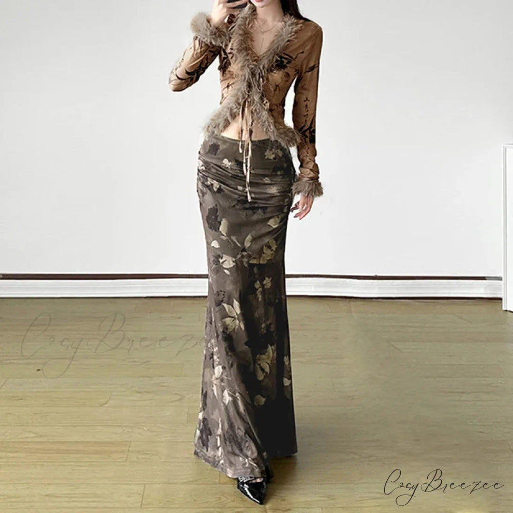 Retro Floral Print Maxi Skirt Grunge Style 2000s skirt-250126