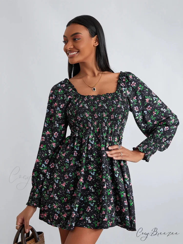 Retro Floral Print Ruffled Trim Square Neck A-Line Short Dress floraldress-250126