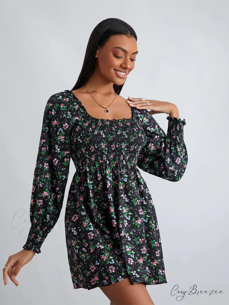 Retro Floral Print Ruffled Trim Square Neck A-Line Short Dress floraldress-250126
