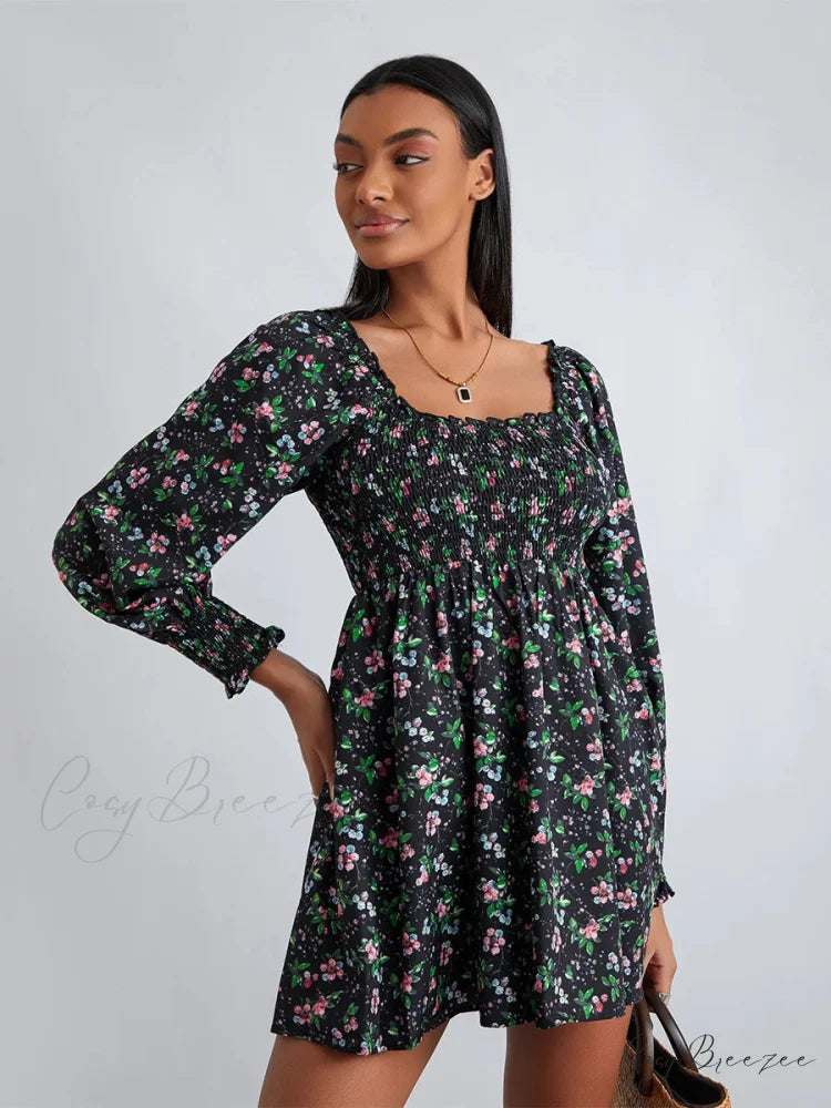 Retro Floral Print Ruffled Trim Square Neck A-Line Short Dress floraldress-250126