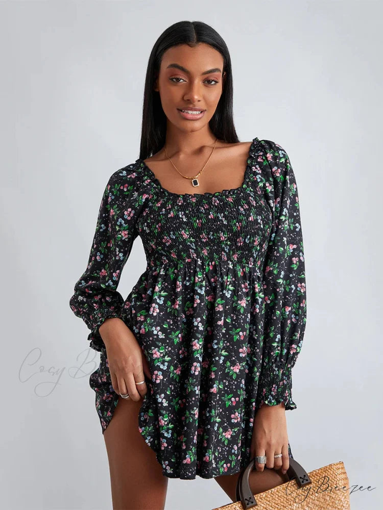 Retro Floral Print Ruffled Trim Square Neck A-Line Short Dress floraldress-250126