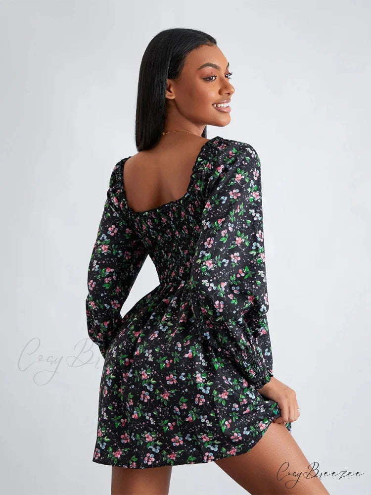 Retro Floral Print Ruffled Trim Square Neck A-Line Short Dress floraldress-250126