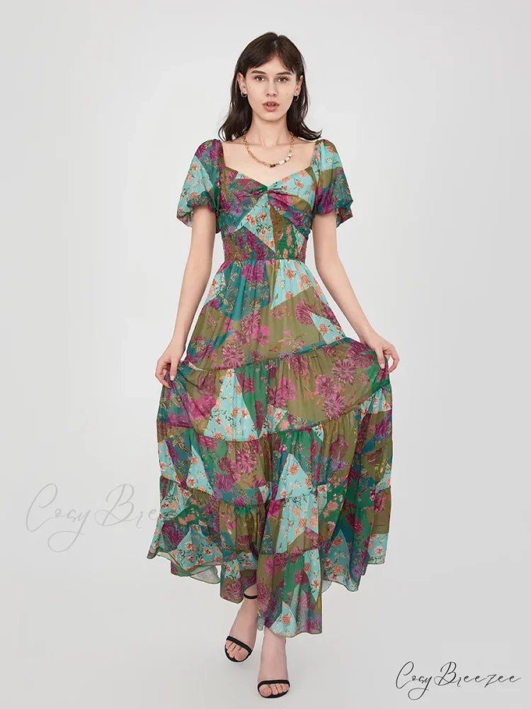 Retro Floral Print Swing Puff Short Sleeve Sweetheart Neck A-Line Beach Dress GREEN1 / S floraldress-250126