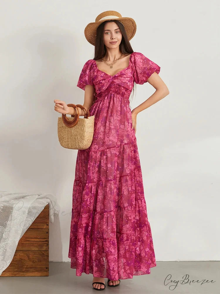Retro Floral Print Swing Puff Short Sleeve Sweetheart Neck A-Line Beach Dress RED1 / S floraldress-250126