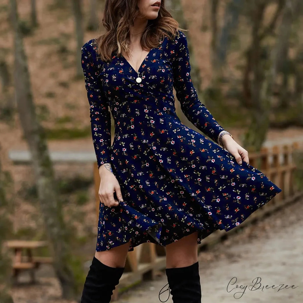 Retro Floral Swing Midi Dress Blue / S oldfloraldress-250126