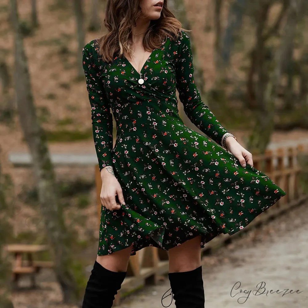 Retro Floral Swing Midi Dress Green / S oldfloraldress-250126