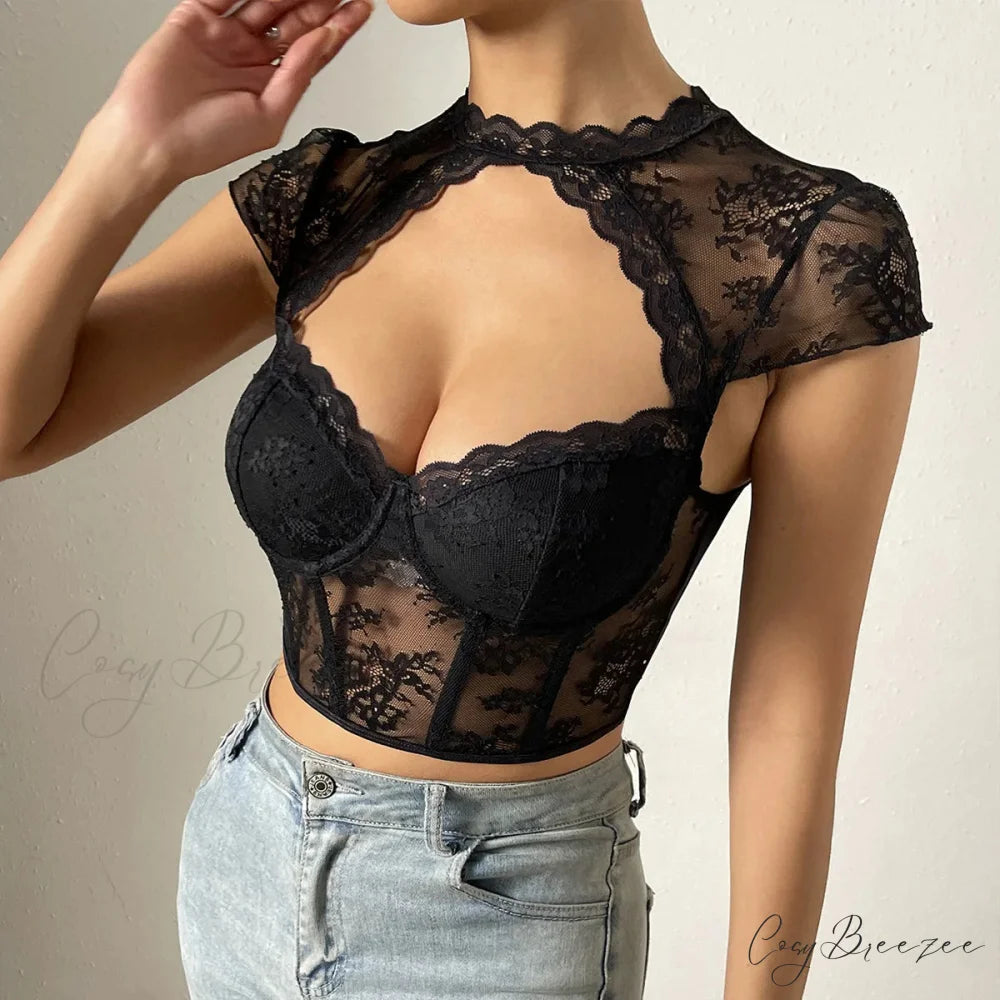 Retro Flower Lace Fishbone V-neck Crop Top croptop-250126