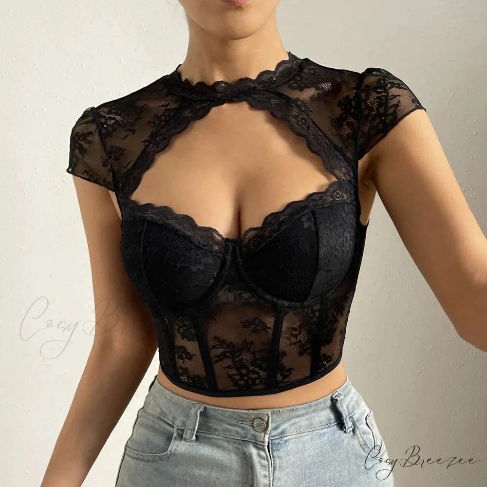 Retro Flower Lace Fishbone V-neck Crop Top croptop-250126