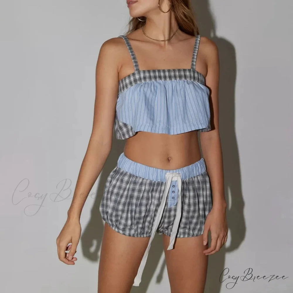 Retro Kawaii Plaid Patchwork Camis Crop Top Shorts Two Pieces Set twopiecesset-250126