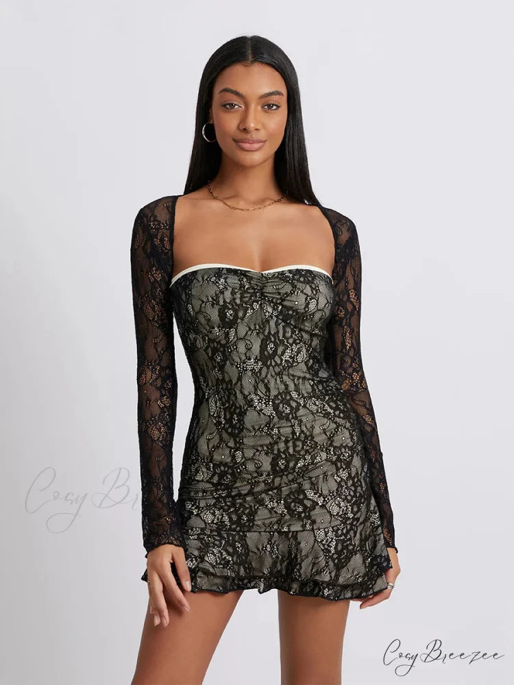 Retro Lace Bandeau Ruffled Mini Dress Shrug floraldress-250126