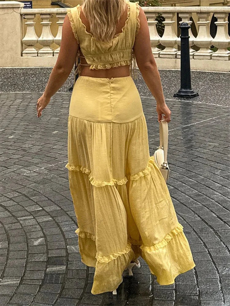 Retro Lace Trim Sleeveless Square Neck Tank Top with Long Skirt Set twopiecesset-250126