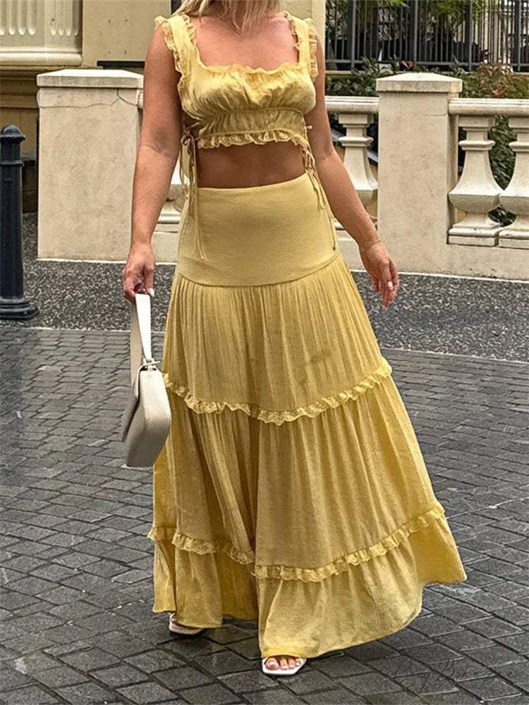 Retro Lace Trim Sleeveless Square Neck Tank Top with Long Skirt Set twopiecesset-250126