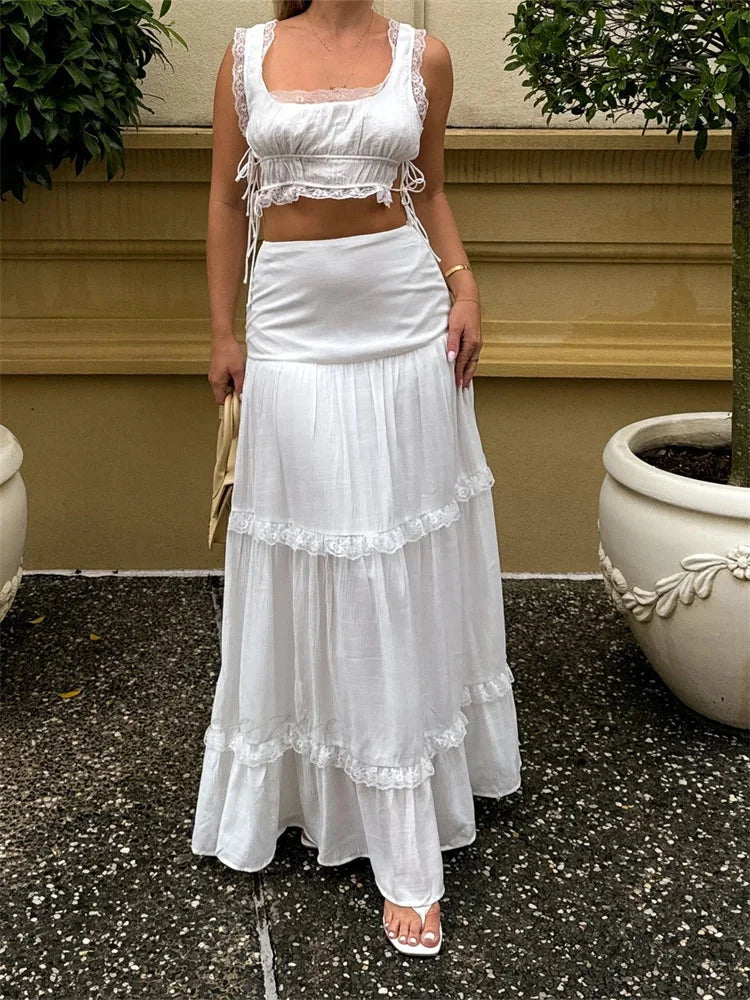 Retro Lace Trim Sleeveless Square Neck Tank Top with Long Skirt Set WHITE / S twopiecesset-250126