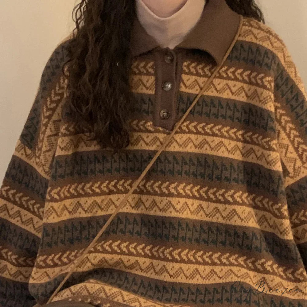 Retro Lazy Style Striped Loose Sweater Coffee / S swraters-241228