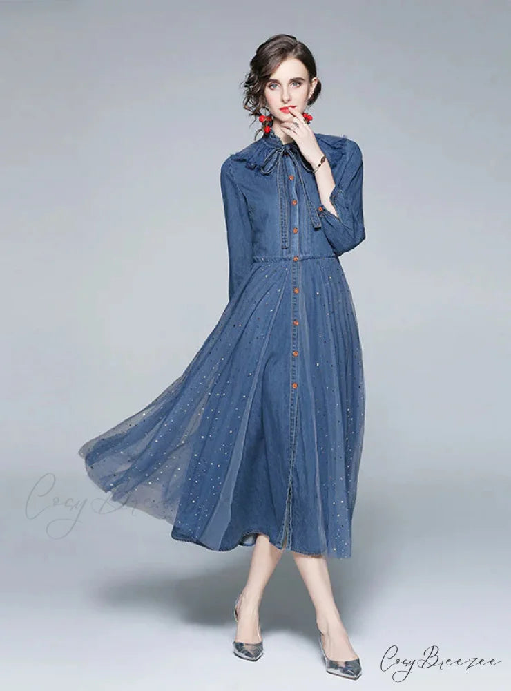 RETRO LONG SLEEVE MESH SEQUINED DENIM DRESS
