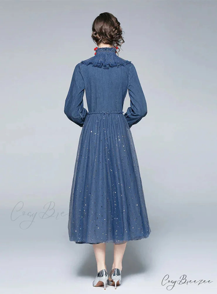 RETRO LONG SLEEVE MESH SEQUINED DENIM DRESS
