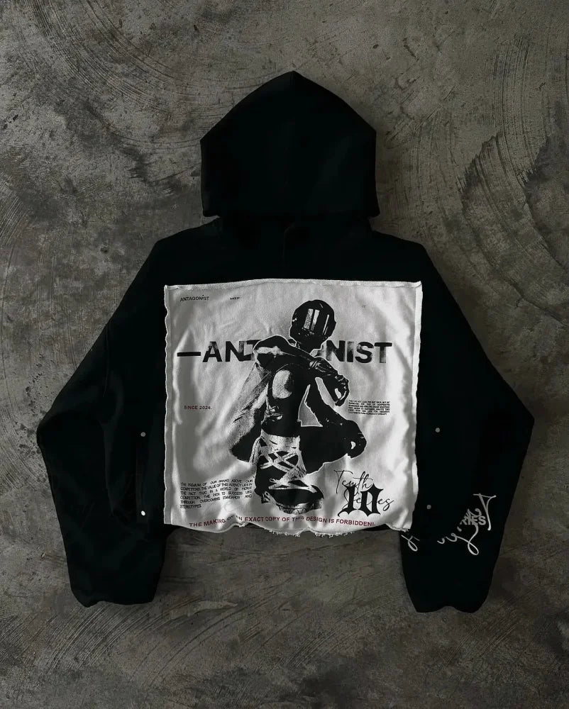 Retro Patch Black Cotton Hoodie black 1 / S hoodies-241228