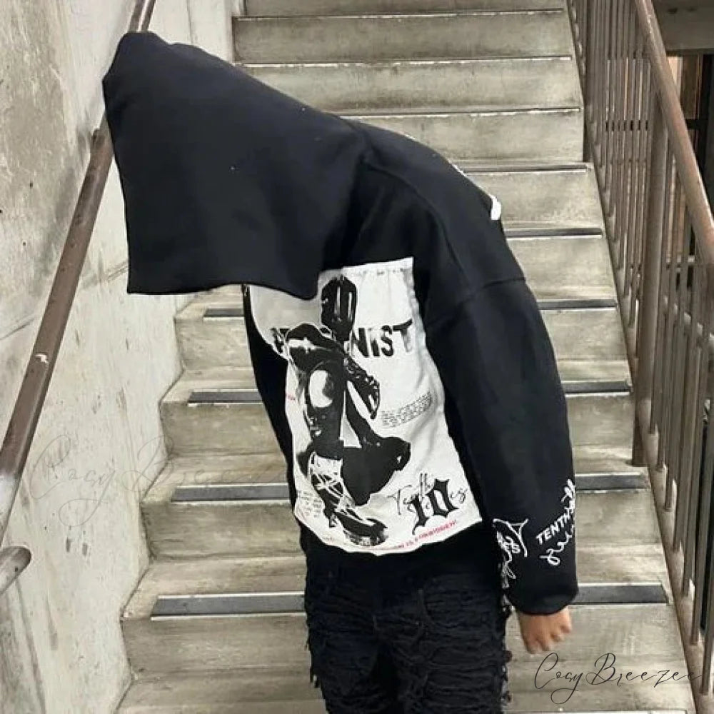 Retro Patch Black Cotton Hoodie hoodies-241228