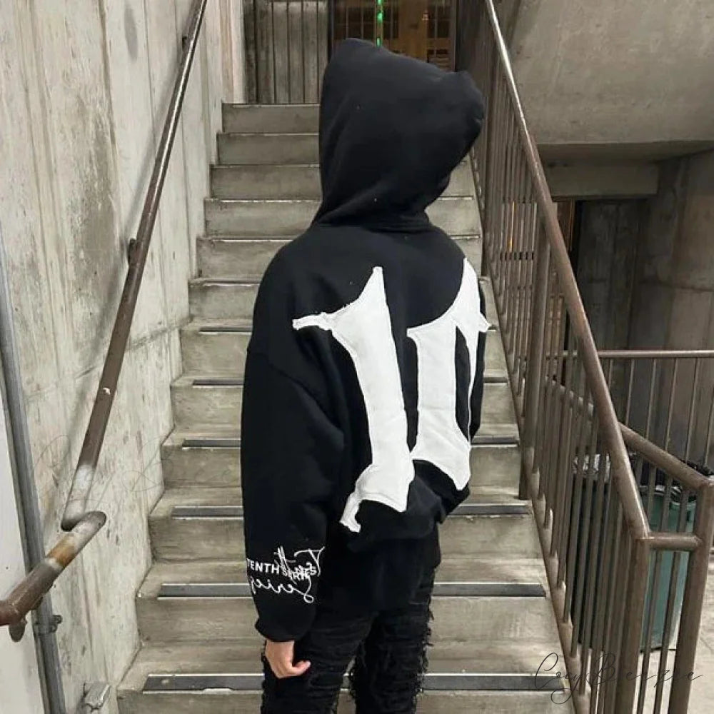 Retro Patch Black Cotton Hoodie hoodies-241228