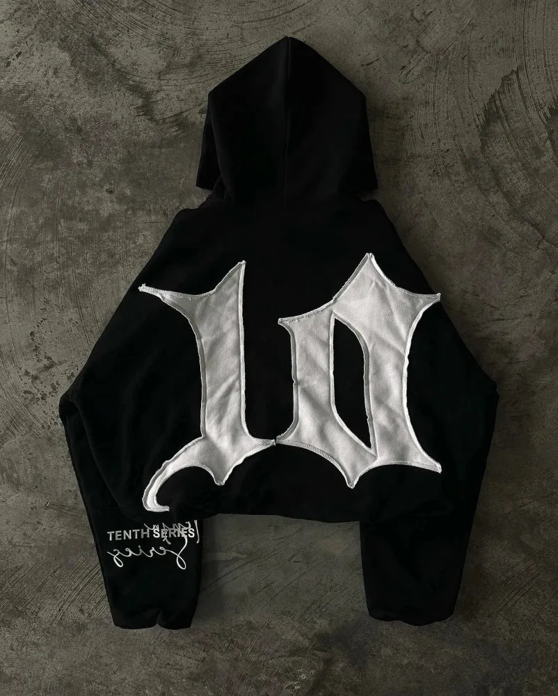 Retro Patch Black Cotton Hoodie hoodies-241228