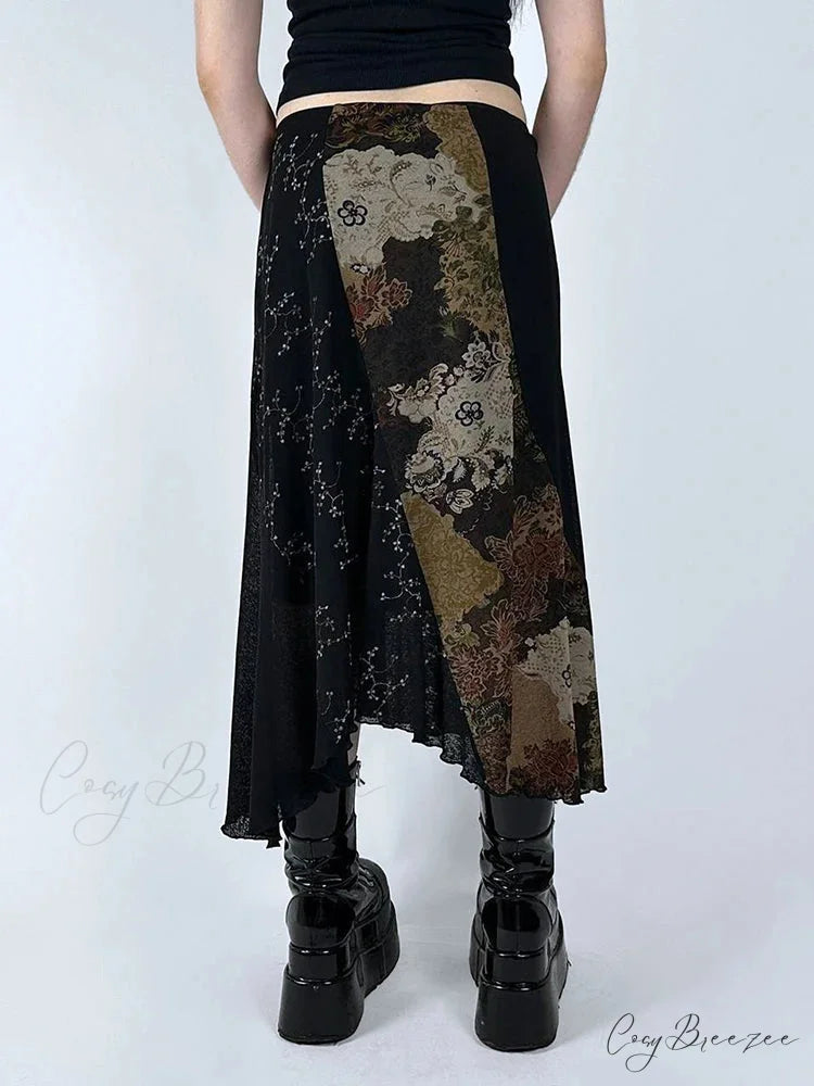 Retro Patchwork Floral Mesh Skirt Holiday Casual skirt-250126