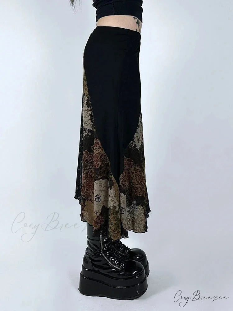 Retro Patchwork Floral Mesh Skirt Holiday Casual skirt-250126