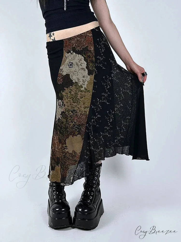 Retro Patchwork Floral Mesh Skirt Holiday Casual skirt-250126