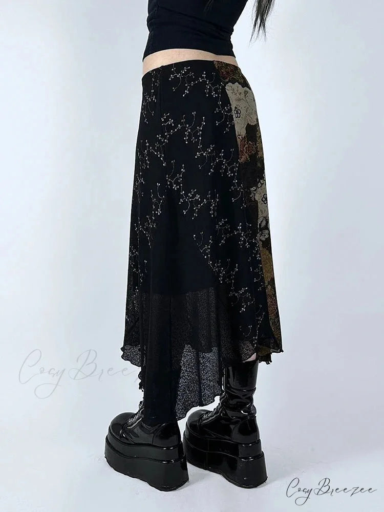 Retro Patchwork Floral Mesh Skirt Holiday Casual skirt-250126