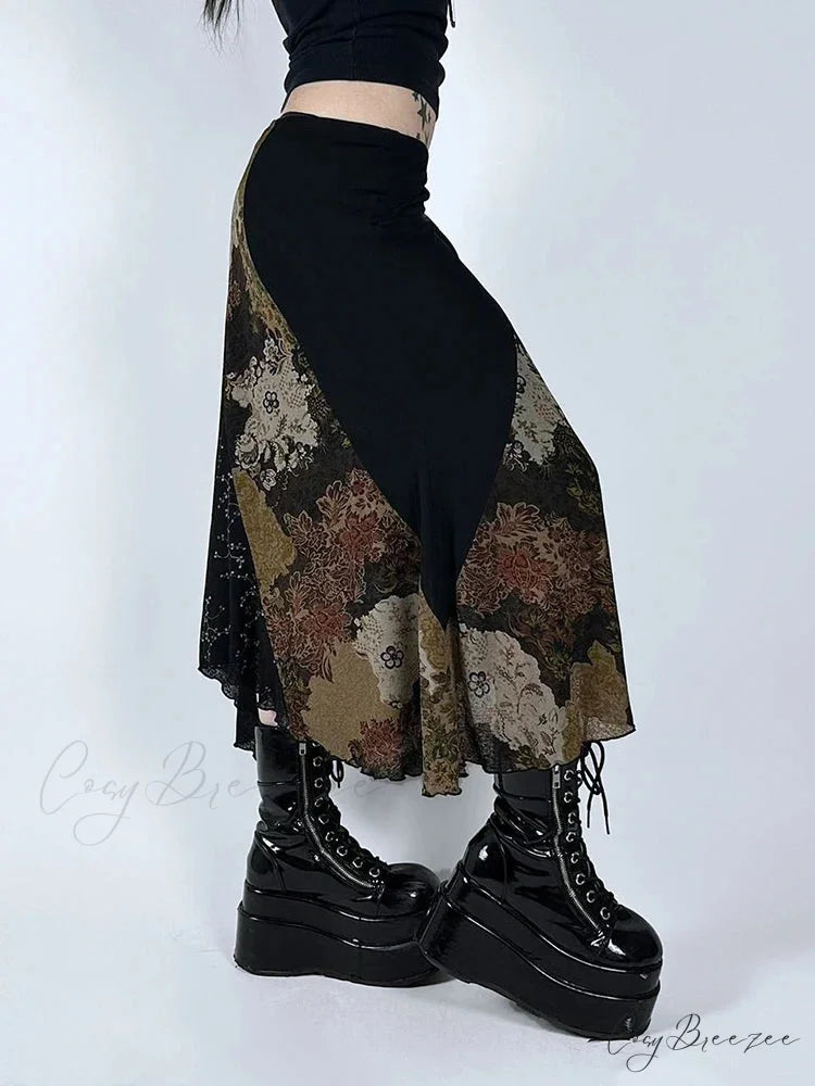 Retro Patchwork Floral Mesh Skirt Holiday Casual skirt-250126