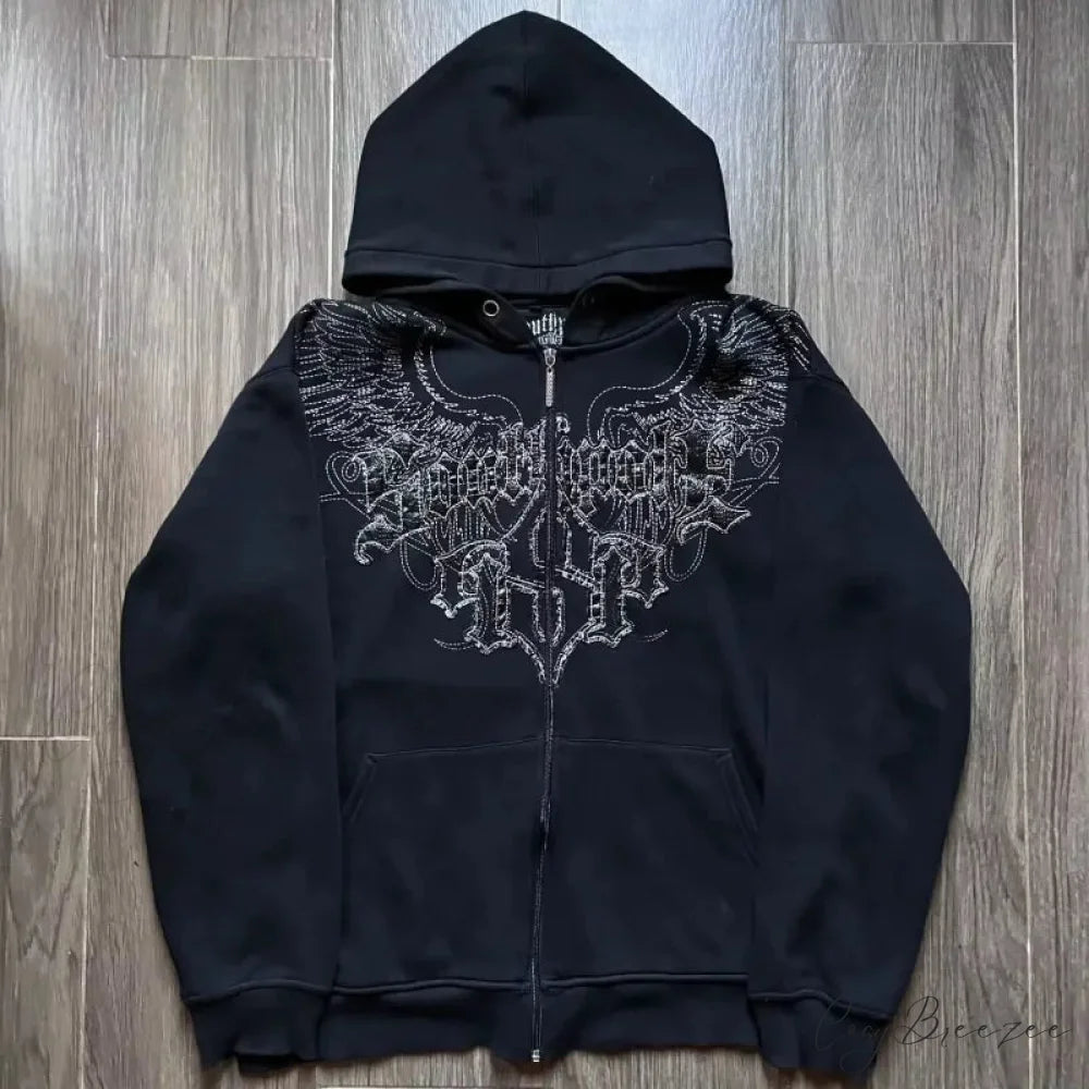 Retro Pattern Zipper Hoodie black 2 / S hoodies-241228