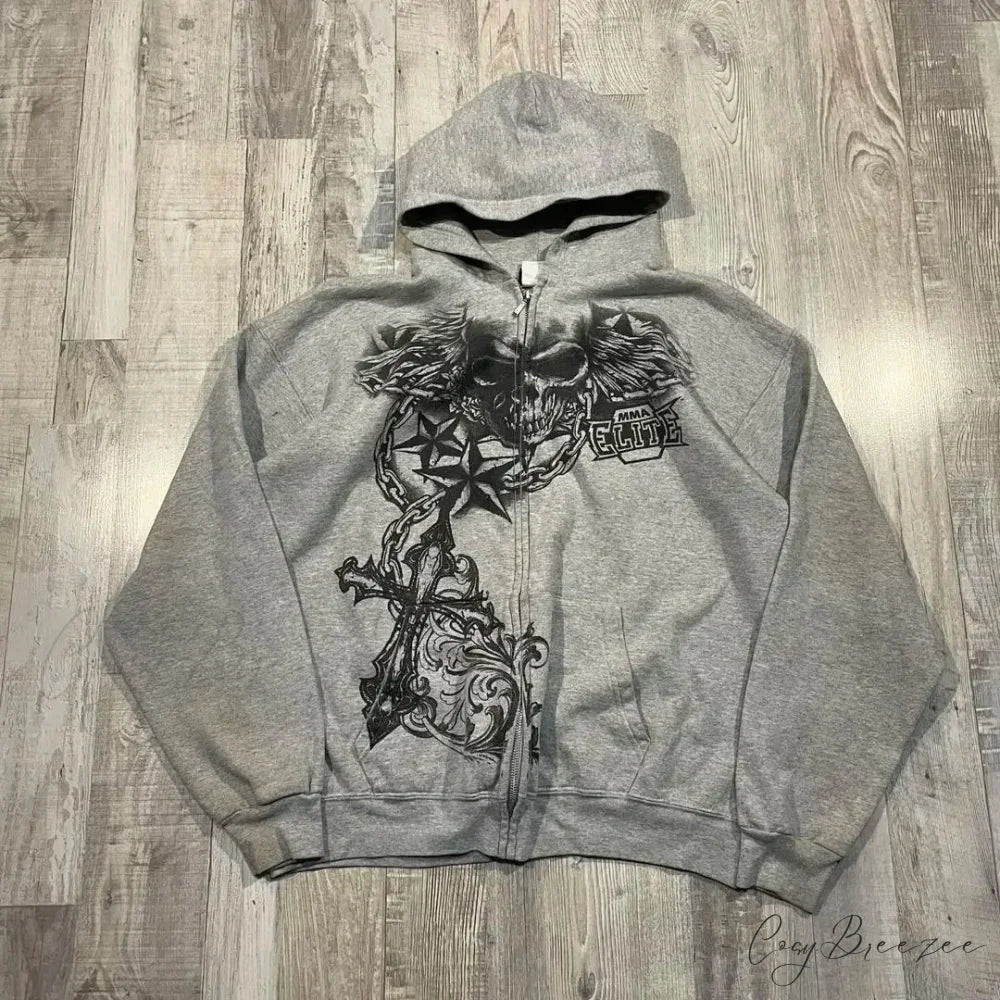 Retro Pattern Zipper Hoodie grey / S hoodies-241228