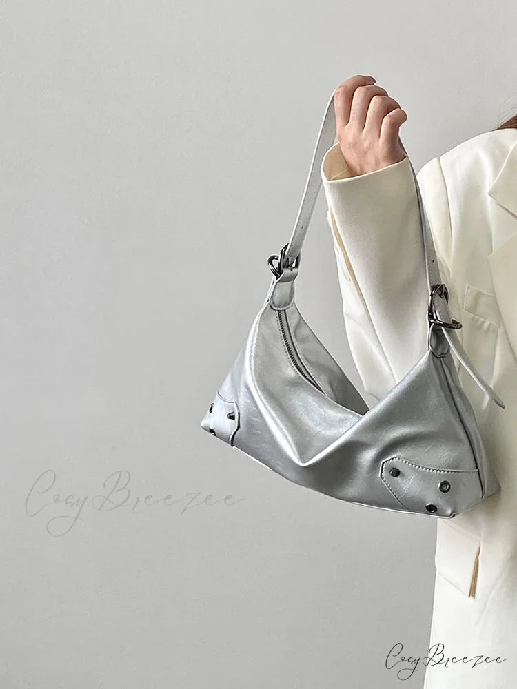 Retro PU Leather Y2K Bag silver color shoulder-250126