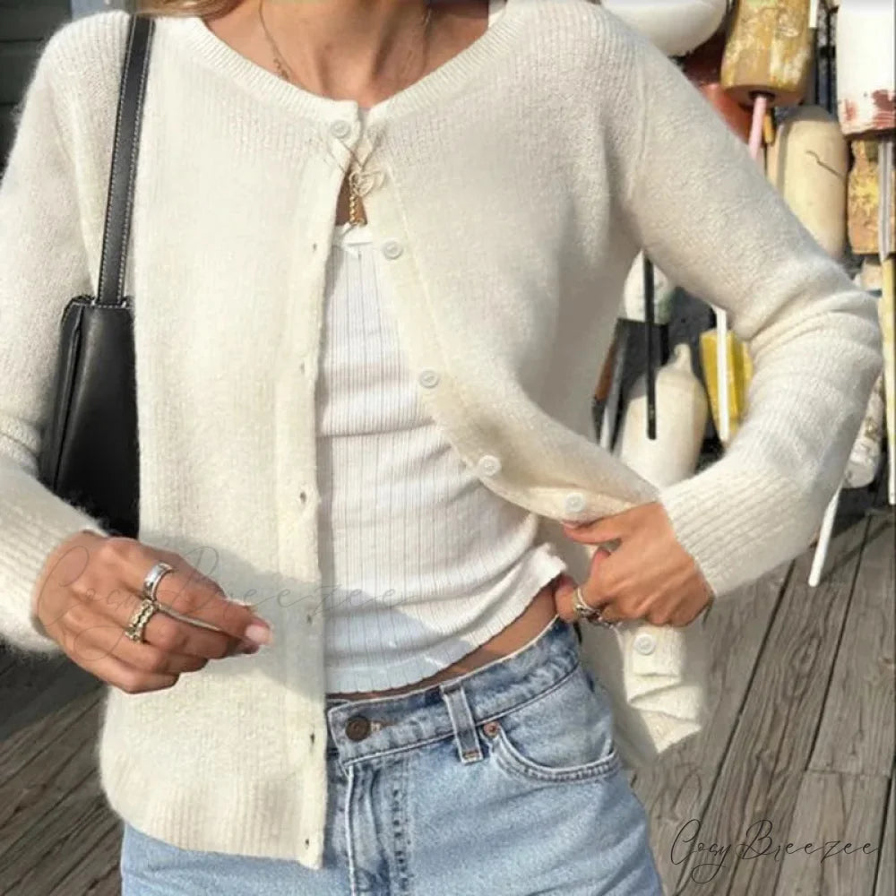 Retro Round Neck Long Sleeve Lazy Wind Knit Cardigan Beige / S cardiagn-250126