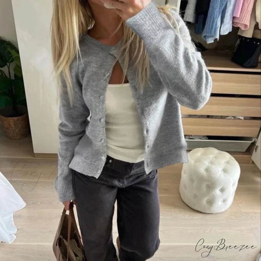 Retro Round Neck Long Sleeve Lazy Wind Knit Cardigan Gray / S cardiagn-250126