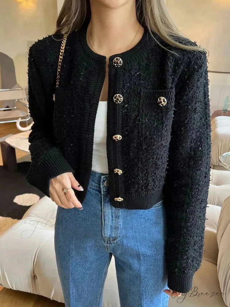Retro Single Breasted O-Neck Knit Cardigan Black / One Size cardiagn-250126