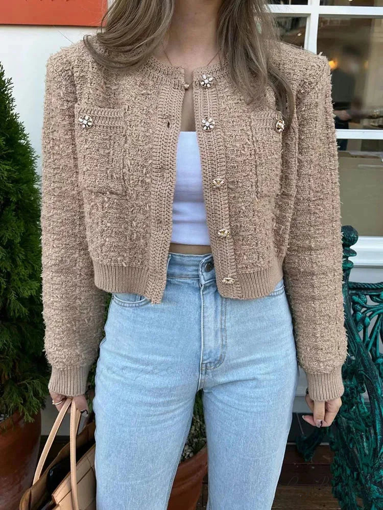 Retro Single Breasted O-Neck Knit Cardigan Khaki / One Size cardiagn-250126