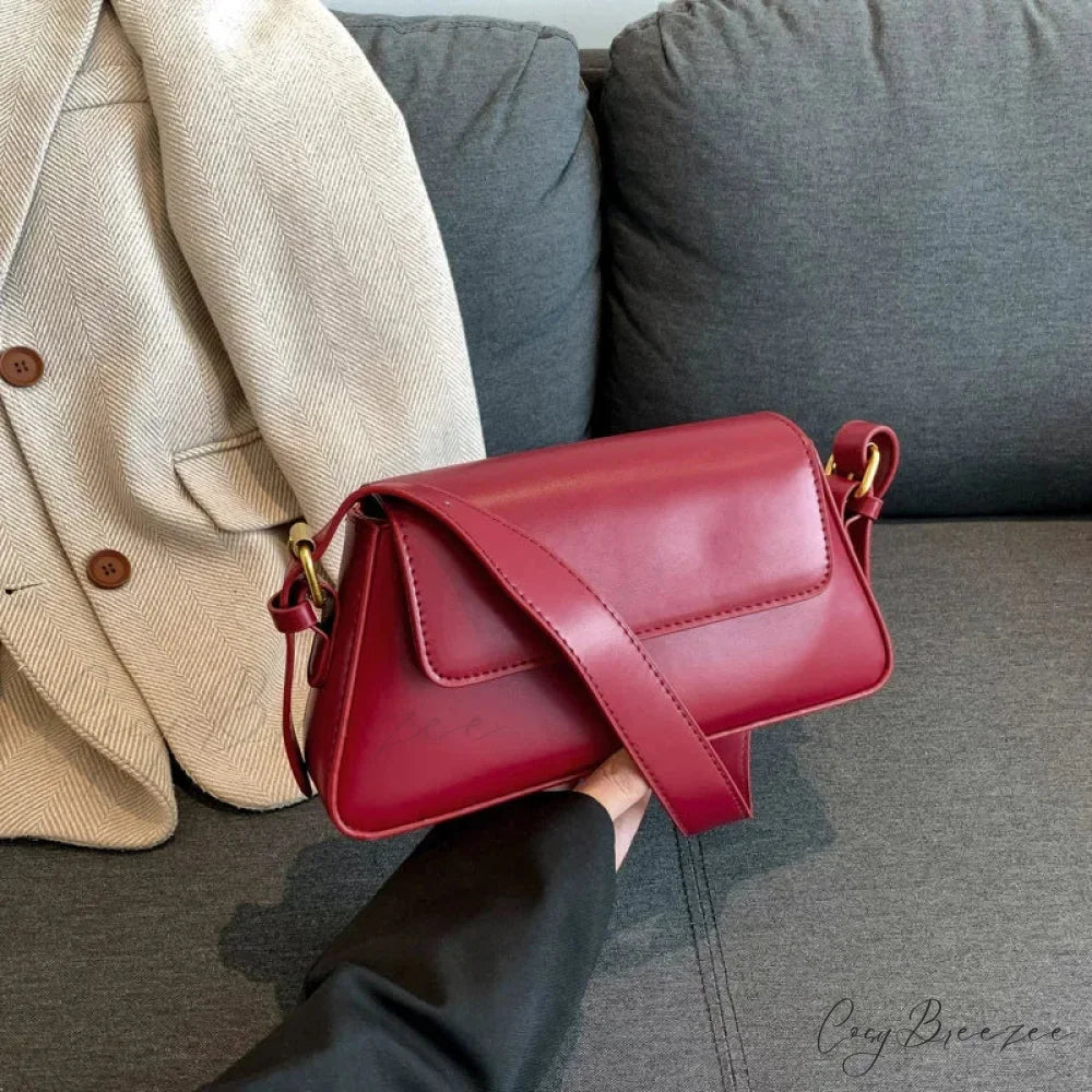 Retro Solid PU Leather Winter Bag Red shoulder-250126