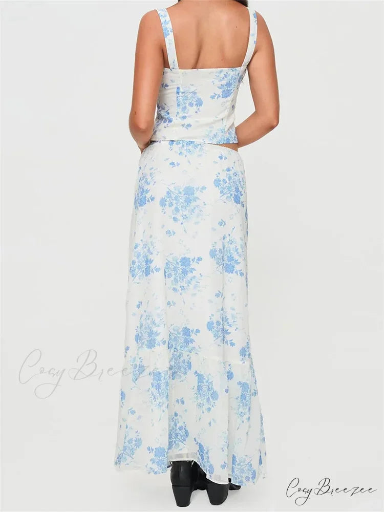 Retro Square Neck Button Up Tank Top Flower Print Long Skirt skirt-250126