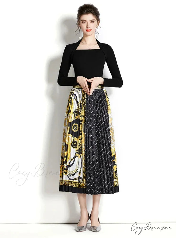 Retro Square Neck Long Sleeve Top with Printed Pleated Skirt Suit L / green
