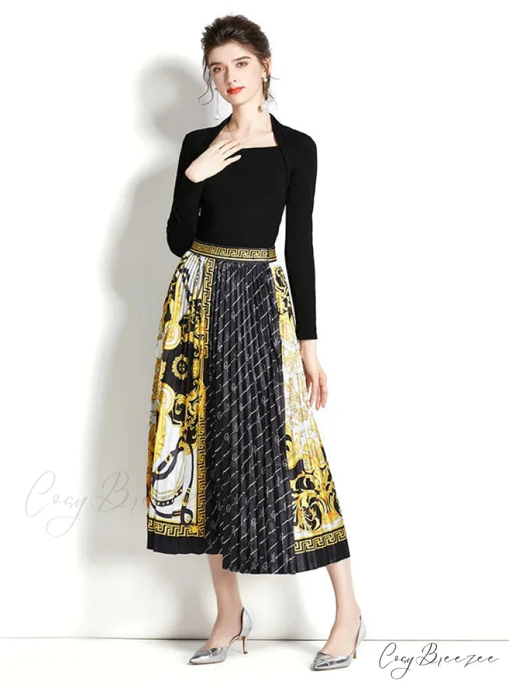Retro Square Neck Long Sleeve Top with Printed Pleated Skirt Suit L / yellow