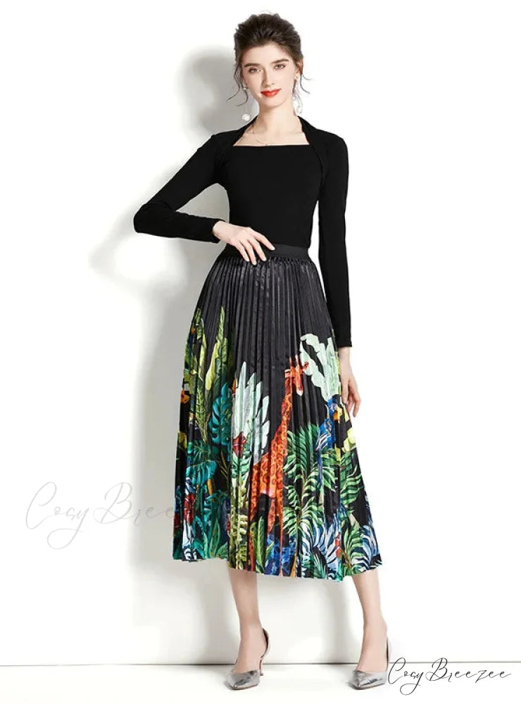 Retro Square Neck Long Sleeve Top with Printed Pleated Skirt Suit M / green