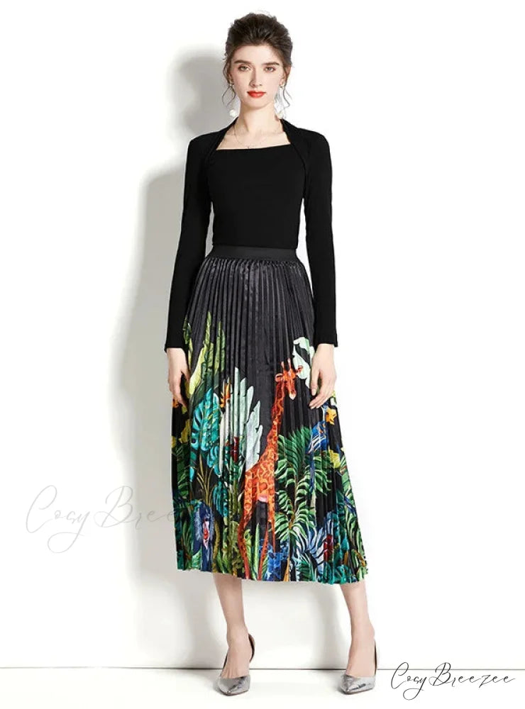 Retro Square Neck Long Sleeve Top with Printed Pleated Skirt Suit S / green