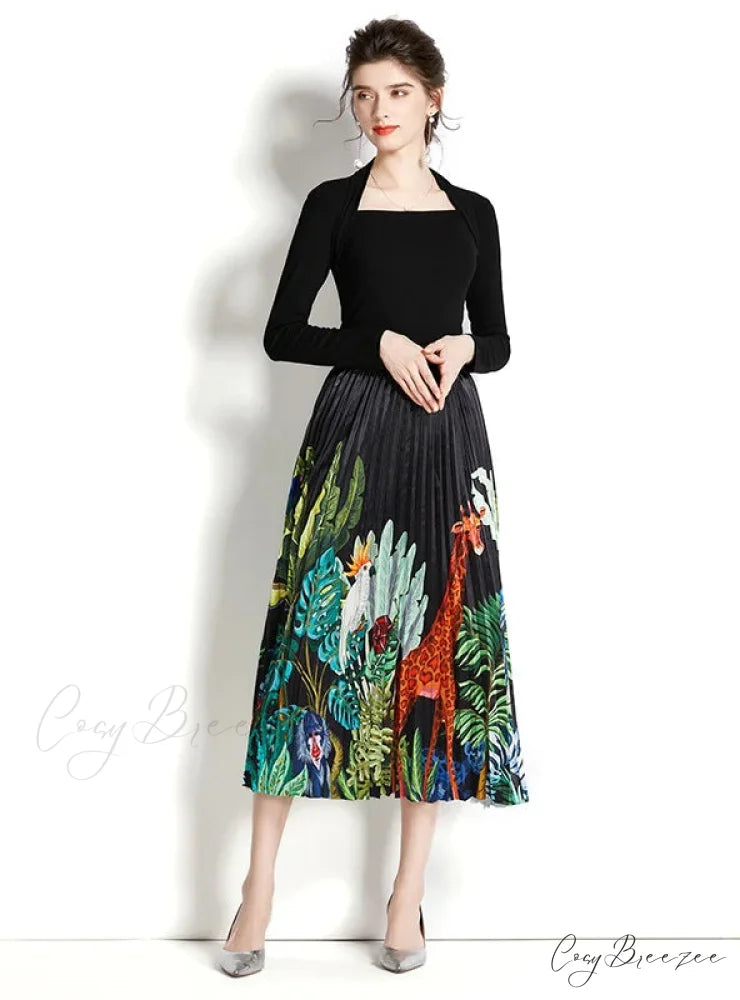 Retro Square Neck Long Sleeve Top with Printed Pleated Skirt Suit S / yellow