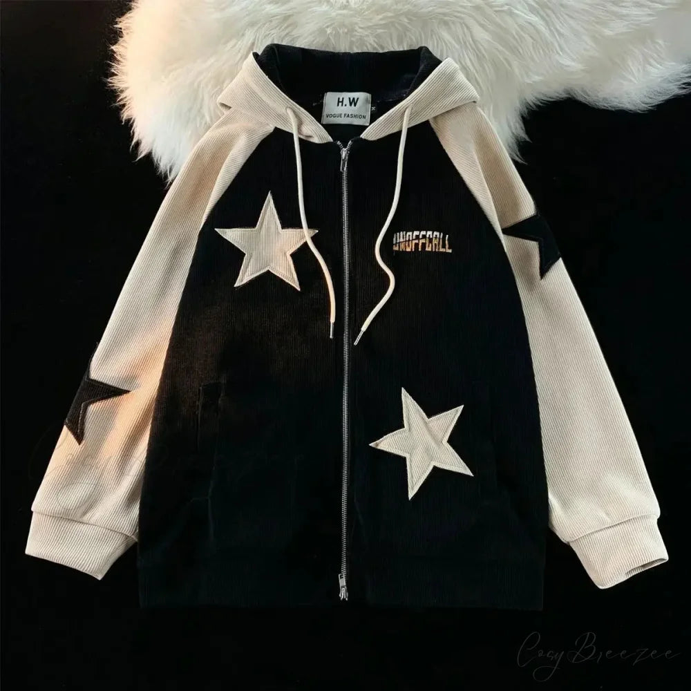 Retro Star Patch Zipper Hoodie hoodies-241228