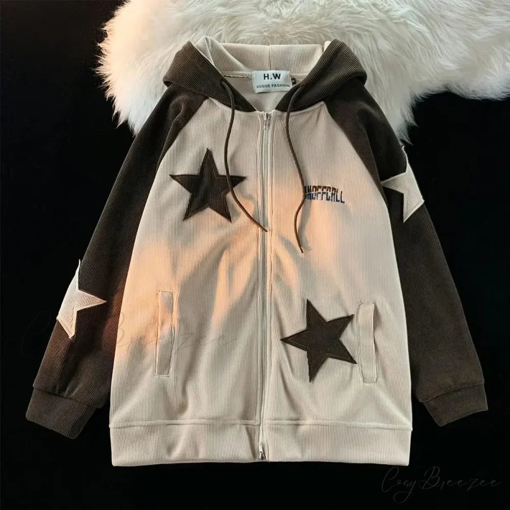 Retro Star Patch Zipper Hoodie hoodies-241228