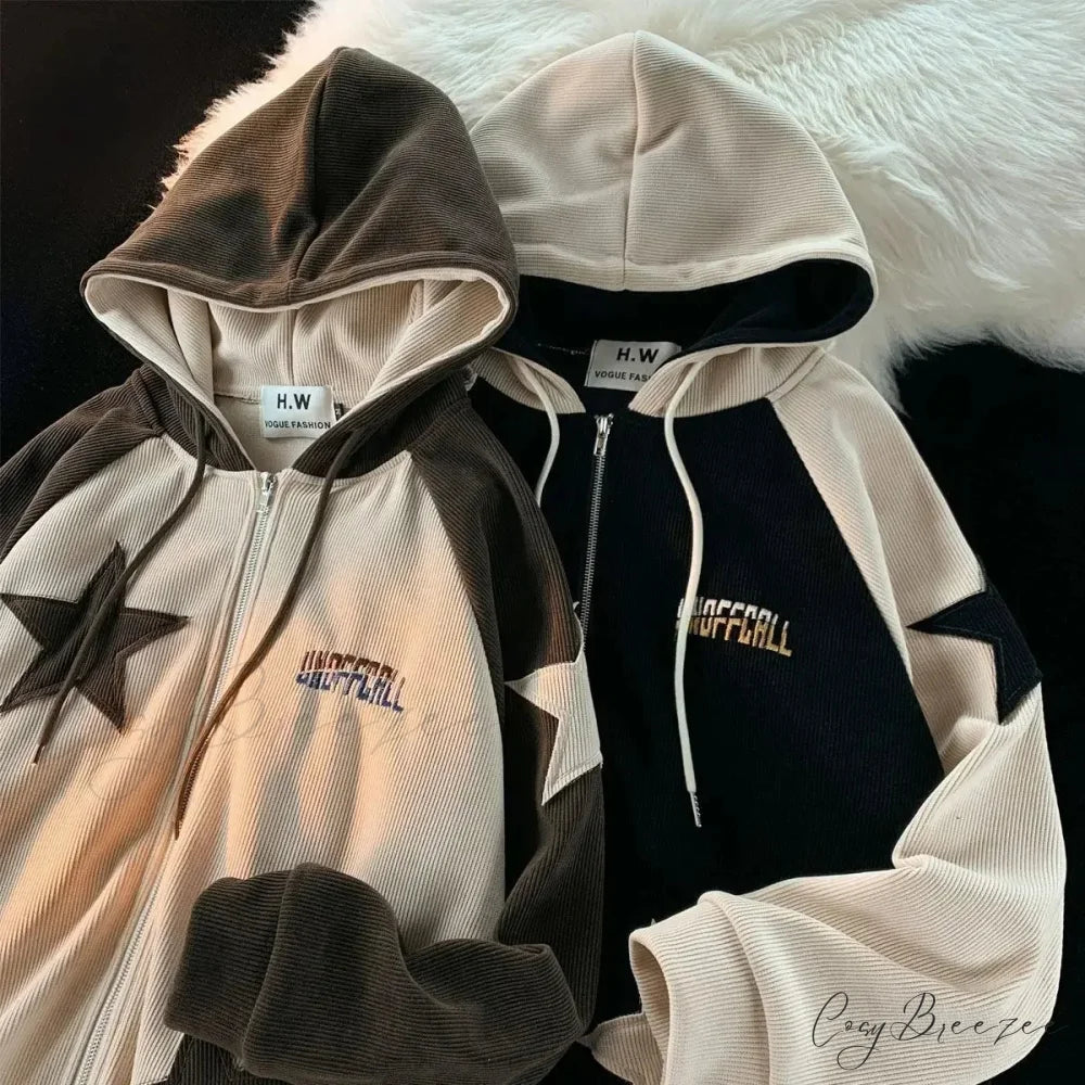 Retro Star Patch Zipper Hoodie hoodies-241228