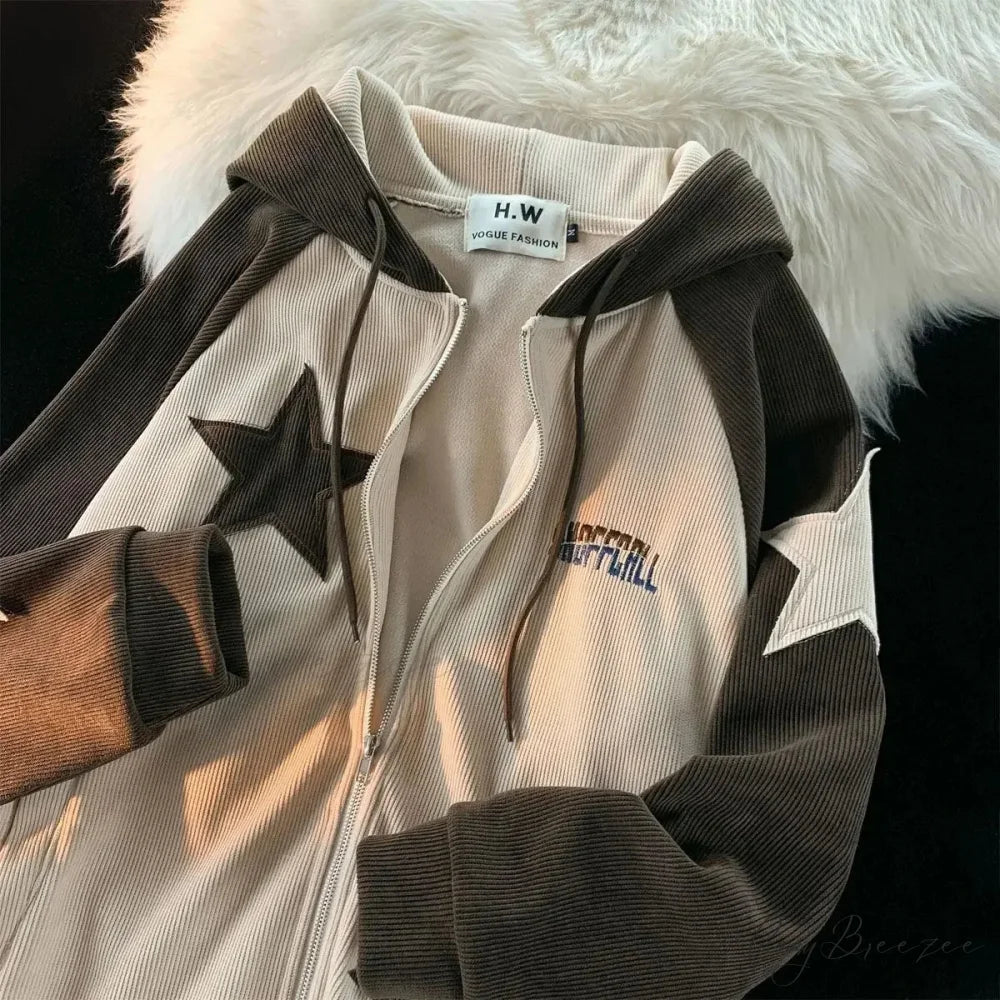 Retro Star Patch Zipper Hoodie white / M hoodies-241228