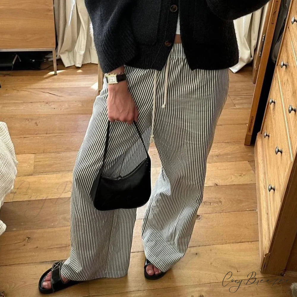 Retro Striped Fastened High-Waist Straight Pant pant-250223